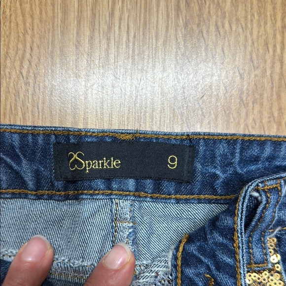 SSPARKLE.  Gold and Blue Sequin Jean Shorts with Frayed Hem - Picture 3 of 4
